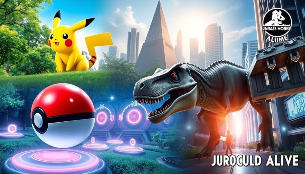 Top AR games collage featuring Pokemon GO, Ingress Prime, and Jurassic World Alive