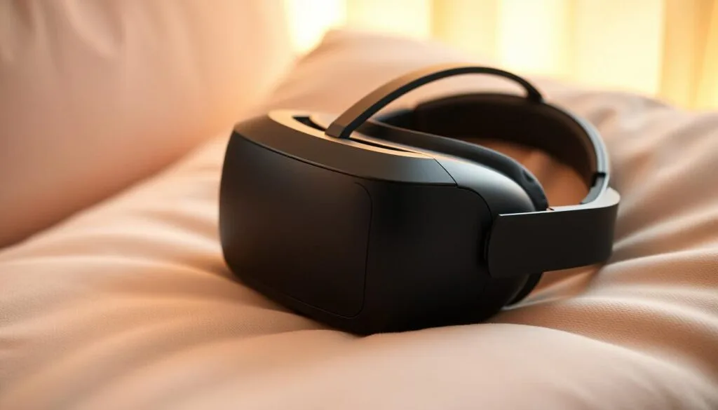 A comfortable, ergonomic headset resting on a soft, cushioned surface, with a warm, diffused lighting illuminating the scene. The headset's padded earcups and adjustable headband mold seamlessly to the user's head, creating a snug, pressure-free fit. The sleek, matte black design blends effortlessly with the neutral-toned background, emphasizing the headset's streamlined aesthetic. The image conveys a sense of relaxation and ease, inviting the viewer to imagine themselves immersed in a prolonged, comfortable VR or gaming session.