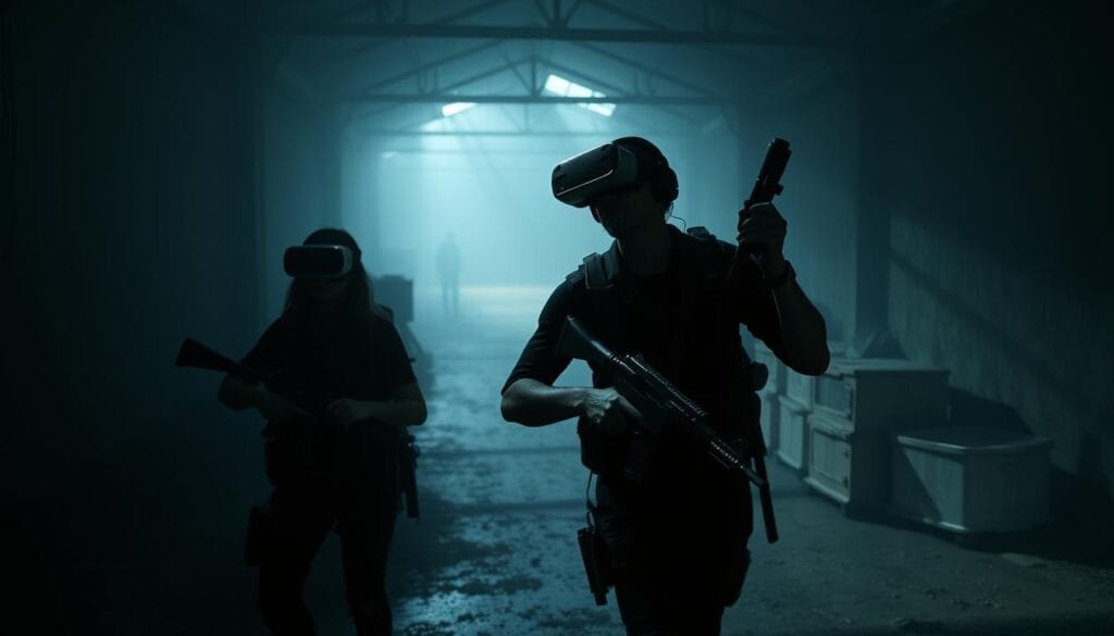 A dimly-lit virtual reality setting, the air thick with dread. In the foreground, two players navigate a gloomy, abandoned warehouse, wielding makeshift weapons as they cautiously scan their surroundings. The middle ground reveals eerie shadows and the faint silhouettes of lurking threats, while the background is shrouded in an ominous fog, hinting at the horrors that lie ahead. Dramatic chiaroscuro lighting casts deep, unsettling shadows, heightening the sense of tension and foreboding. The players' expressions convey a mix of determination and trepidation, as they work together to survive the nightmarish scenario unfolding around them.