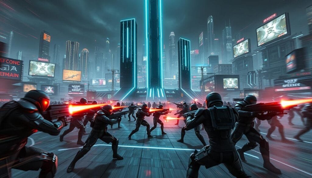 A fast-paced arena filled with futuristic combat. In the foreground, heavily-armored players wielding sleek, high-tech weapons engage in a fierce deathmatch, their movements a blur as they dodge and weave. Towering holographic structures rise in the middle ground, casting dynamic shadows and neon accents across the scene. The background depicts a sprawling, cyberpunk cityscape, its skyscrapers and billboards illuminated by a moody, atmospheric lighting that heightens the sense of intensity and competition. The overall atmosphere is one of adrenaline, strategy, and the thrill of virtual combat.