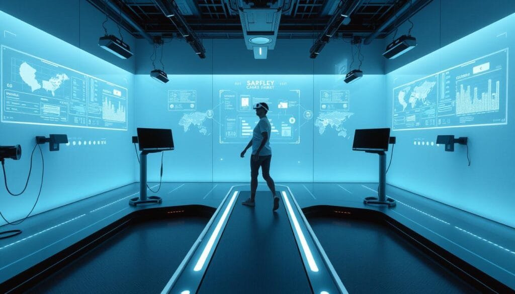 A futuristic motion tracking system, featuring a sleek, minimalist VR treadmill as the centerpiece. The treadmill is surrounded by a network of high-precision motion capture cameras and sensors, casting a soft, ambient glow. Holographic overlays and data visualizations float in the air, tracking the user's movements with pinpoint accuracy. The scene is bathed in a cool, blue-tinted lighting, conveying a sense of technological sophistication and immersive virtual reality. The overall atmosphere evokes a vision of the future where movement and virtual experiences are seamlessly integrated, redefining the boundaries of physical and digital realms.