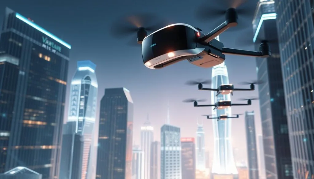 A futuristic scene depicting the fast and seamless delivery of virtual reality headsets. In the foreground, a sleek and lightweight VR device levitates, its edges glowing with a warm, inviting light. The middle ground showcases a network of high-speed delivery drones, their sleek, aerodynamic forms zipping through a cityscape of gleaming skyscrapers. The background is a panoramic view of a vibrant, technologically advanced metropolis, bathed in a soft, diffuse lighting that creates a sense of effortless efficiency and modernity. The overall atmosphere conveys a future where VR integration is swift, accessible, and hassle-free.