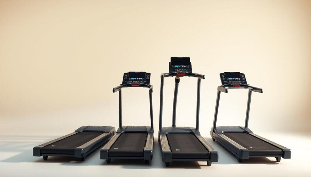 A high-quality comparison of sleek, modern treadmills set against a minimalist, well-lit studio backdrop. The treadmills are arranged in a dynamic, angled composition, showcasing their diverse features and designs. Soft shadows and highlights accentuate the machines' clean, technical aesthetic. The lighting is warm and neutral, creating a professional, informative atmosphere. The camera angle is slightly elevated, giving a clear, detailed view of the treadmill interfaces and control panels. The overall scene conveys a sense of technological sophistication and functional elegance, highlighting the advanced capabilities of these fitness platforms.