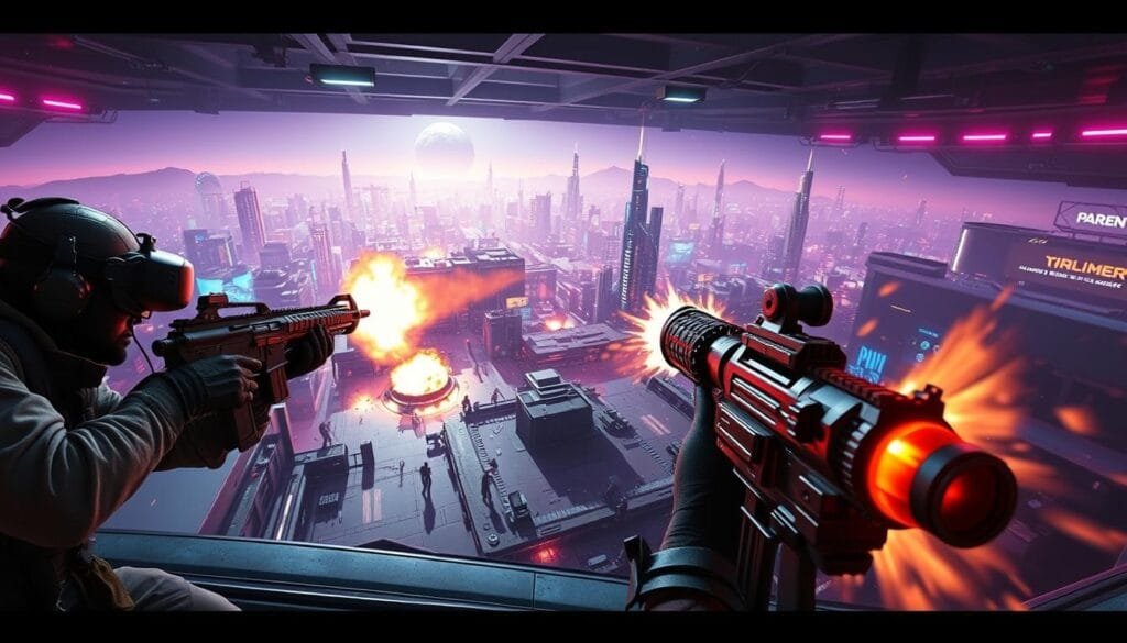 A hyper-realistic scene of a competitive multiplayer shooter in a futuristic VR arena. In the foreground, two heavily armed players engage in a tense firefight, their powerful weapons blazing as they dodge and weave, locked in a high-stakes battle for supremacy. The middle ground reveals a chaotic battlefield, with obstacles, cover points, and power-ups scattered throughout the arena. In the background, a stunning, neon-soaked cityscape extends into the distance, creating an immersive and visually striking backdrop for the intense action. Dramatic lighting casts dynamic shadows, emphasizing the sense of urgency and high-octane thrills. The overall atmosphere is one of raw adrenaline, technological wonder, and the thrill of competitive virtual combat.