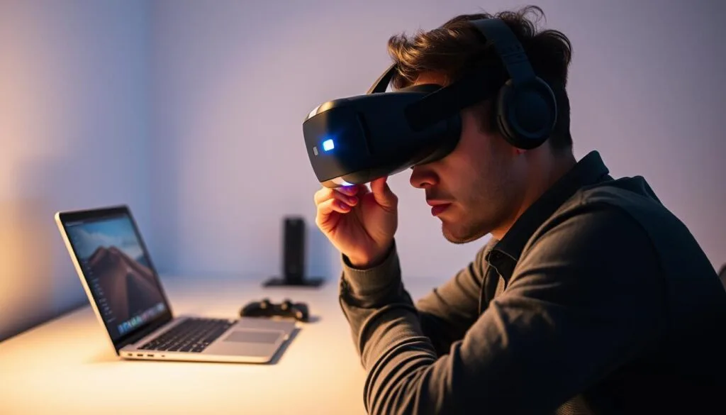 A person intently gazing at a virtual reality headset, deep in concentration, surrounded by a sleek, minimalist workspace with a laptop, controller, and other tech accessories neatly arranged. Soft, directional lighting illuminates the scene, casting shadows that accentuate the headset's modern design. The viewer's expression conveys a sense of exploration and discovery, as they navigate the latest immersive experiences for Microsoft Flight Simulator. The overall atmosphere is one of focused, deliberate search for the optimal VR setup to enhance the flight simulation experience.