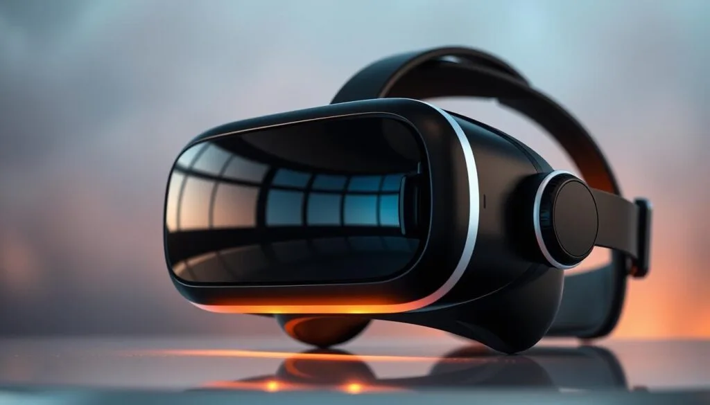 A sleek and modern Shinecon VR headset takes center stage, capturing the essence of mobile virtual reality. The headset's clean, minimalist design is highlighted by smooth, glossy black surfaces accented with metallic trim, conveying a premium, high-tech aesthetic. Soft, adjustable padding frames the user's face, ensuring a comfortable, immersive experience. Reflected in the headset's surface, subtle lighting casts a warm, inviting glow, drawing the viewer's attention to the device's key features. The background fades into a hazy, atmospheric environment, emphasizing the Shinecon's cutting-edge technology and its ability to transport the user into captivating virtual worlds.