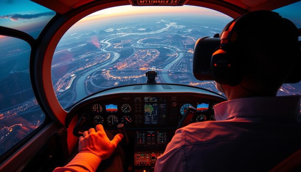 A sprawling virtual world, illuminated by the glow of a high-fidelity flight simulator. A pilot's perspective, immersed in the cockpit of a sleek aircraft, their vision engulfed by a crisp, panoramic VR headset display. Intricate dials and switches come alive, seamlessly integrated into the user's field of view. Beyond the cockpit, a vast landscape unfolds, rendered in stunning detail - towering mountains, winding rivers, and bustling cityscapes. Ambient lighting casts a warm, cinematic tone, enhancing the sense of immersion. The pilot's hands grip the throttle and joystick, their movements precisely tracked, creating a seamless, responsive experience. This is the pinnacle of the virtual flight sim experience, a window into a world of unparalleled realism and interactivity.