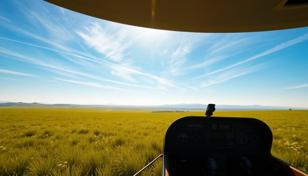 A vast, lush field bathed in golden sunlight, dotted with verdant grasses and wildflowers. In the foreground, a sleek, modern flight simulator cockpit, with crisp, detailed instrumentation and controls, inviting the user to take the pilot's seat. Soaring above, wispy cirrus clouds drift across a brilliant azure sky, creating a sense of tranquil, boundless freedom. The middle ground features rolling hills and distant mountains, their silhouettes hazy in the soft, atmospheric haze. Subtle lens flare and depth of field effects enhance the cinematic quality, drawing the viewer's eye into the immersive, realistic flight simulation experience.