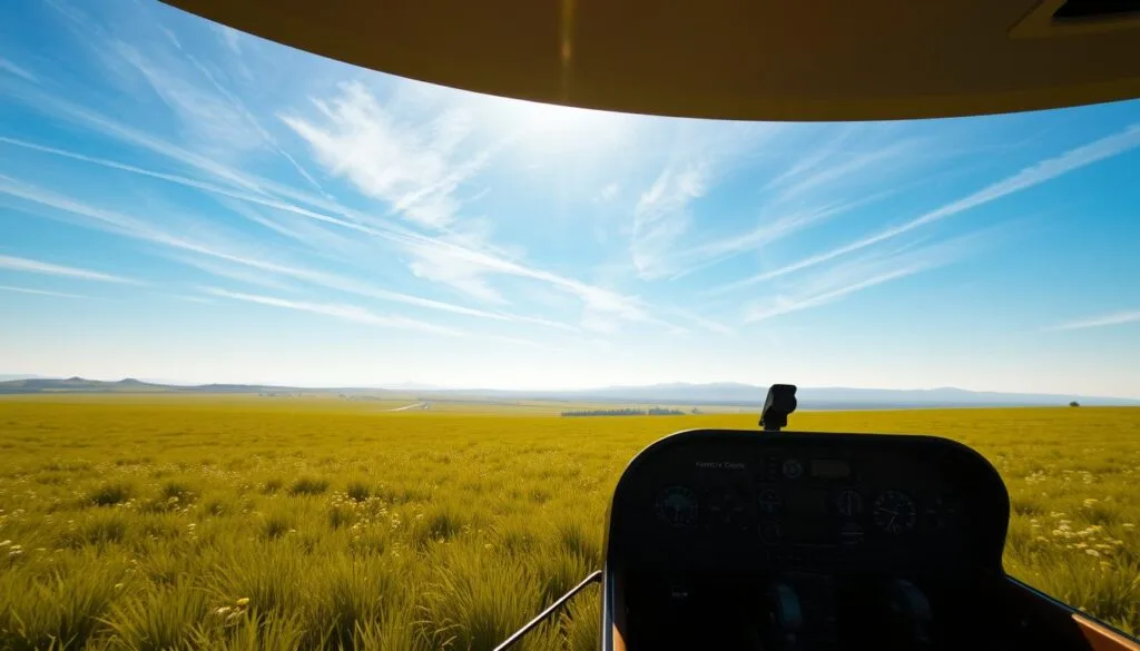 A vast, lush field bathed in golden sunlight, dotted with verdant grasses and wildflowers. In the foreground, a sleek, modern flight simulator cockpit, with crisp, detailed instrumentation and controls, inviting the user to take the pilot's seat. Soaring above, wispy cirrus clouds drift across a brilliant azure sky, creating a sense of tranquil, boundless freedom. The middle ground features rolling hills and distant mountains, their silhouettes hazy in the soft, atmospheric haze. Subtle lens flare and depth of field effects enhance the cinematic quality, drawing the viewer's eye into the immersive, realistic flight simulation experience. A vast, lush field bathed in golden sunlight, dotted with verdant grasses and wildflowers. In the foreground, a sleek, modern flight simulator cockpit, with crisp, detailed instrumentation and controls, inviting the user to take the pilot's seat. Soaring above, wispy cirrus clouds drift across a brilliant azure sky, creating a sense of tranquil, boundless freedom. The middle ground features rolling hills and distant mountains, their silhouettes hazy in the soft, atmospheric haze. Subtle lens flare and depth of field effects enhance the cinematic quality, drawing the viewer's eye into the immersive, realistic flight simulation experience.