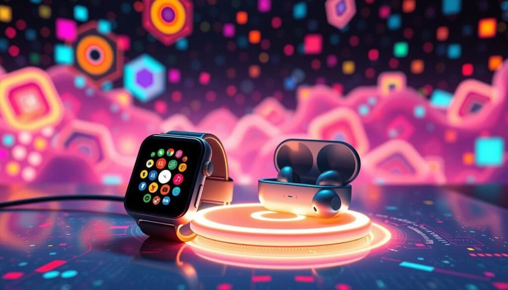 A vibrant and dynamic pixel-inspired ecosystem, featuring an array of seamlessly connected devices. In the foreground, a sleek smartwatch, its display a tapestry of pixelated icons, sits alongside a pair of wireless earbuds, their cases emanating a soft, retro-futuristic glow. In the middle ground, a high-capacity charging pad radiates with a gentle, pulsing energy, ready to power the ecosystem's various components. The background is a kaleidoscopic landscape of pixelated shapes and patterns, creating a sense of depth and immersion. Soft, diffused lighting casts a warm, futuristic ambiance over the scene, highlighting the harmonious integration of technology and design.