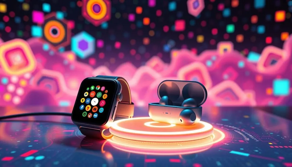 A vibrant and dynamic pixel-inspired ecosystem, featuring an array of seamlessly connected devices. In the foreground, a sleek smartwatch, its display a tapestry of pixelated icons, sits alongside a pair of wireless earbuds, their cases emanating a soft, retro-futuristic glow. In the middle ground, a high-capacity charging pad radiates with a gentle, pulsing energy, ready to power the ecosystem's various components. The background is a kaleidoscopic landscape of pixelated shapes and patterns, creating a sense of depth and immersion. Soft, diffused lighting casts a warm, futuristic ambiance over the scene, highlighting the harmonious integration of technology and design.