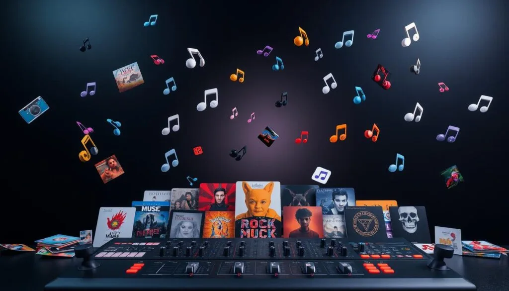 A vibrant collection of music icons, album covers, and audio controls float against a sleek, dark background. In the foreground, a diverse array of genres and styles are represented, from electronic to rock, each with its own distinctive artwork and design. The middle ground showcases a virtual mixing console, with sliders, knobs, and buttons inviting the viewer to explore the depth and complexity of the musical experience. In the background, a soft, muted glow emanates, creating a sense of depth and atmosphere. The overall composition conveys a sense of energy, creativity, and the thrill of discovering new musical horizons.