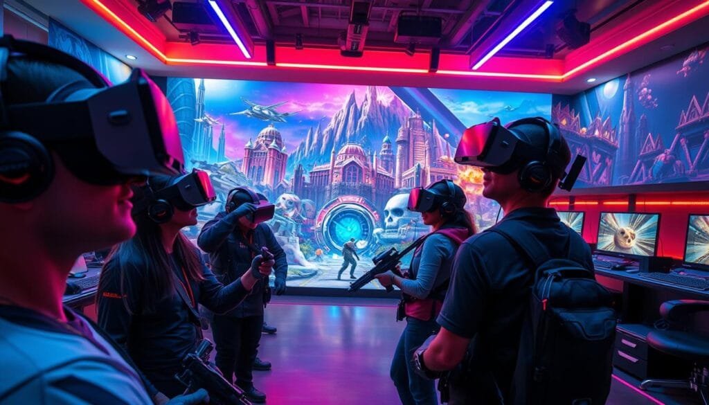 A vibrant, futuristic scene of the best multiplayer VR games. In the foreground, a group of players wearing sleek, high-tech VR headsets and motion-tracking devices, immersed in a virtual world of intense combat and cooperative gameplay. The middle ground showcases various iconic game environments, from futuristic cityscapes to fantastical landscapes, teeming with dynamic action and stunning visual effects. In the background, a state-of-the-art VR gaming center, with rows of powerful PCs and cutting-edge VR hardware, creating a sense of excitement and anticipation. Bright, neon-infused lighting sets the mood, with warm hues and dynamic, cinematic camera angles that capture the thrill and energy of the ultimate multiplayer VR experience.