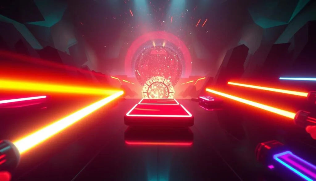 A vibrant scene of the popular rhythm game Beat Saber, showcasing the thrilling "shock drops" that excite players. In the foreground, neon-lit saber blades slice through the air with precision, their trails leaving vivid streaks of color. Floating platforms in the middle ground pulse with an energetic, electronic rhythm, while the background features a dynamic, abstract landscape of geometric shapes and luminous particles. Dramatic lighting casts dramatic shadows and highlights the intense action, conveying the adrenaline-fueled experience of the game. Cinematic camera angles and a sense of movement and urgency capture the excitement of unexpected song drops in this visually striking depiction of the Beat Saber experience.