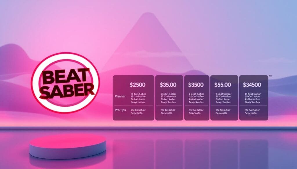Detailed view of Beat Saber pricing and play tips on a modern, minimalist display. In the foreground, a floating 3D model of the Beat Saber logo, showcasing the game's iconic neon-lit saber blades. In the middle ground, various pricing options for the game across popular gaming platforms, presented in a clean, grid-like layout. In the background, an abstract, soft-focus landscape with geometric shapes and subtle lighting, creating a sense of depth and a futuristic, high-tech atmosphere. The overall composition should convey a sleek, informative, and visually striking representation of the "How to buy and play: pricing, platforms, and pro tips" section of the article.
