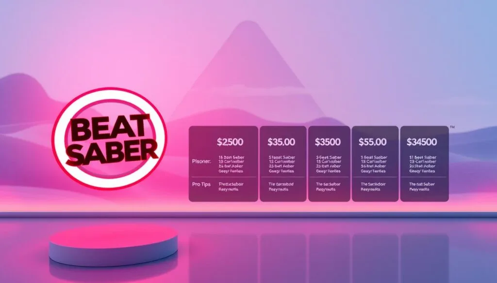 Detailed view of Beat Saber pricing and play tips on a modern, minimalist display. In the foreground, a floating 3D model of the Beat Saber logo, showcasing the game's iconic neon-lit saber blades. In the middle ground, various pricing options for the game across popular gaming platforms, presented in a clean, grid-like layout. In the background, an abstract, soft-focus landscape with geometric shapes and subtle lighting, creating a sense of depth and a futuristic, high-tech atmosphere. The overall composition should convey a sleek, informative, and visually striking representation of the "How to buy and play: pricing, platforms, and pro tips" section of the article.