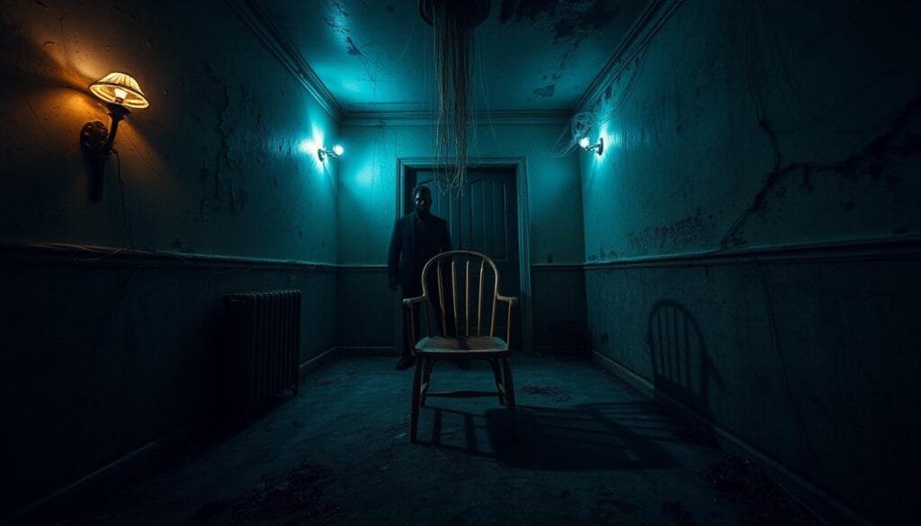 Prompt A dimly lit, decrepit horror room with a oppressive atmosphere. Flaking paint on the walls, cobwebs in the corners, and a lone, rusting metal chair in the center of the room casting long shadows. Eerie, flickering lights illuminate the scene, casting an unsettling glow. The room has a feeling of abandonment and dread, as if something terrible had happened here. The camera angle is low and dramatic, emphasizing the claustrophobic and unsettling nature of the space. An unseen, sinister presence lurks in the shadows, hinting at the horrors that may await those who dare to enter.