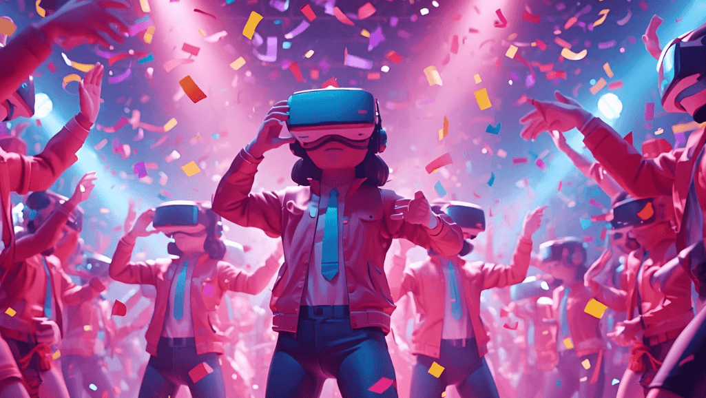 A bustling virtual reality event, filled with excitement and wonder. In the foreground, a group of children, their eyes wide with amazement, as they explore an immersive digital world through VR headsets. Vibrant colors and dynamic lighting create a sense of energy, with a middle ground of interactive stations and game consoles. In the background, parents and guardians observe, their faces beaming with delight at the joy their children are experiencing. The scene is captured with a cinematic, wide-angle lens, conveying the scale and immersion of the virtual reality experience. An atmosphere of pure, unadulterated fun and exploration, perfect for a memorable family VR birthday celebration.