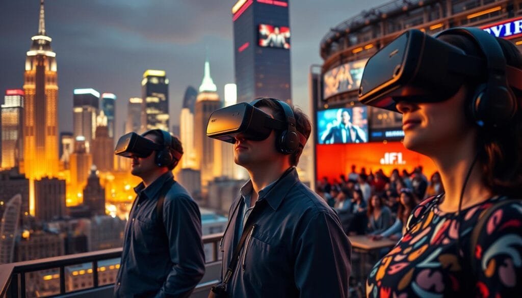A bustling cityscape in the United States, with towering skyscrapers and a dynamic urban environment. In the foreground, a group of individuals wearing virtual reality headsets, immersed in a digital world, their movements and gestures captured by motion-tracking sensors. In the middle ground, healthcare professionals utilizing VR technology for medical training, visualizing complex anatomical structures and procedures. In the background, a gaming arena filled with enthusiastic players, their faces illuminated by the vivid, photorealistic virtual landscapes they explore. Warm lighting casts a sense of energy and progress, highlighting the diverse real-world applications of virtual reality technology across industries.