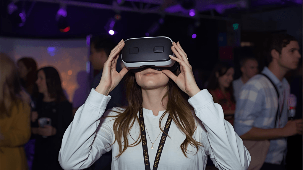 A bustling virtual reality event, filled with excitement and wonder. In the foreground, a group of children, their eyes wide with amazement, as they explore an immersive digital world through VR headsets. Vibrant colors and dynamic lighting create a sense of energy, with a middle ground of interactive stations and game consoles. In the background, parents and guardians observe, their faces beaming with delight at the joy their children are experiencing. The scene is captured with a cinematic, wide-angle lens, conveying the scale and immersion of the virtual reality experience. An atmosphere of pure, unadulterated fun and exploration, perfect for a memorable family VR birthday celebration.