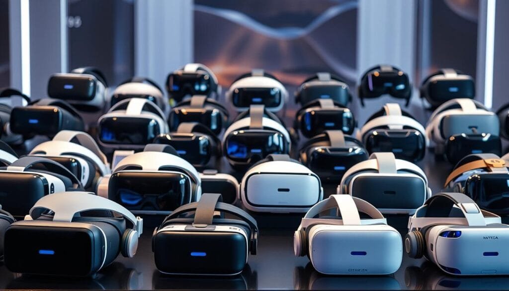 A collection of various VR headset models arranged in a visually appealing display. The foreground features a selection of contemporary headsets with sleek, minimalist designs in a range of colors, including black, white, and metallic finishes. The middle ground showcases a mix of classic and cutting-edge headsets, showcasing the evolution of VR technology over the years. The background subtly blends in a soft, futuristic environment with subtle lighting effects that complement the headsets' materials and shapes. The overall composition highlights the diversity and progression of VR headsets, conveying a sense of innovation and technological advancement.