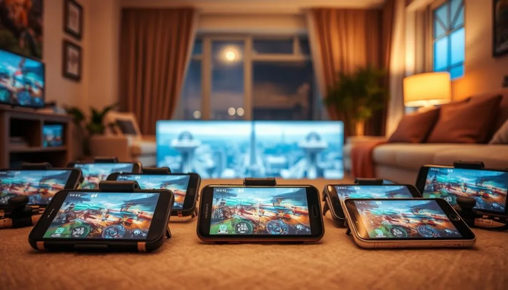 A cozy living room scene, soft lighting casting a warm glow. In the foreground, an array of mobile devices arranged neatly, their screens showcasing immersive virtual reality experiences. Vibrant graphics, captivating gameplay, and intuitive controls draw the viewer in. The middle ground features a comfortable chair, inviting the player to dive into these short-session gems. The background reveals a panoramic view of a futuristic cityscape, hinting at the endless possibilities of mobile VR. The overall atmosphere is one of relaxation, discovery, and the thrill of virtual exploration.