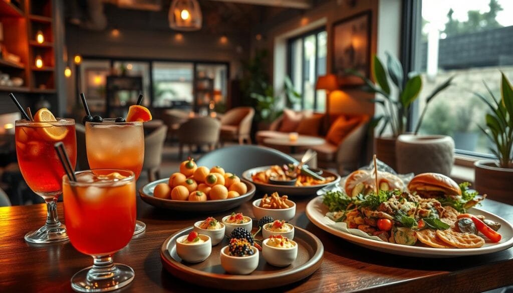 A cozy virtual cafe setting, dimly lit with warm lighting, showcasing an array of delectable "dine and unwind" fare. In the foreground, a selection of artisanal mocktails and small bites - think savory snacks, colorful fruit skewers, and bite-sized desserts. In the middle ground, a spread of hearty, full-flavored dishes - perhaps a veggie-packed pasta dish, a gourmet burger, or a vibrant salad. The background reveals a relaxing lounge area with plush seating, potted plants, and a soothing ambiance, inviting guests to unwind and indulge. The overall scene evokes a sense of comfort, indulgence, and a touch of sophistication, capturing the essence of a virtual reality cafe's "dine and unwind" experience.