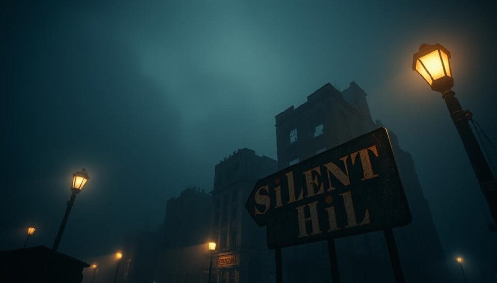 A dark, abandoned town shrouded in dense fog, the streets illuminated by flickering streetlamps. In the foreground, a dilapidated sign for "Silent Hill" casts an ominous shadow. In the middle ground, crumbling buildings with shattered windows and rusting metal loom, their facades pockmarked by decay. The background is enveloped in a thick, oppressive mist, obscuring the horizon and creating a sense of isolation and dread. The lighting is moody and dramatic, with deep shadows and highlights that accentuate the haunting atmosphere. The camera angle is low, giving the viewer a disorienting, unsettling perspective as if they are trapped within this nightmarish town, their fate shaped by the horrors that lurk within.