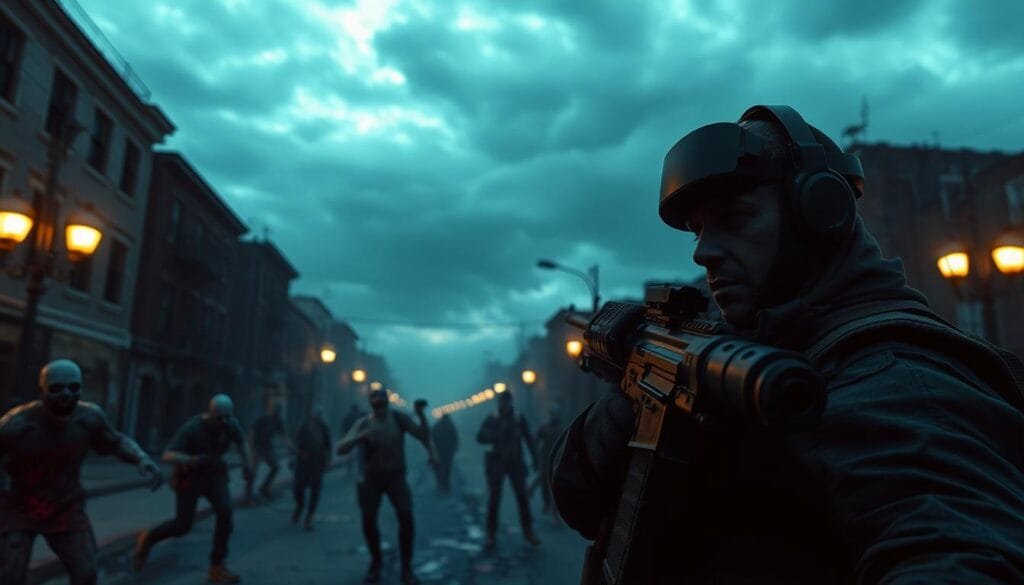 A desolate, post-apocalyptic city street, dimly lit by flickering streetlamps. In the foreground, a player in a tactical gear, wielding a high-powered rifle, scanning the shadows for any sign of movement. Zombies, their decaying bodies illuminated by the eerie glow, lurch towards the player, mouths agape, ready to attack. The player's face is set with fierce determination, finger poised on the trigger, ready to unleash a barrage of bullets. Overhead, a cloudy sky casts an ominous, bluish hue, adding to the sense of impending doom. The scene is captured with a cinematic, high-contrast style, heightening the tension and drama of the virtual reality zombie game.