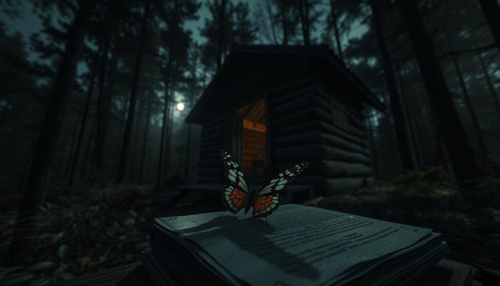 A dimly lit, abandoned cabin nestled in a dense, foreboding forest. Moonlight filters through the canopy, casting eerie shadows on the weathered wooden walls. In the foreground, a butterfly, its delicate wings fluttering, sits atop a tattered book, its pages scattered nearby. The cabin's interior, visible through a broken window, hints at a sense of unease and impending danger, as if the events of "Until Dawn" are about to unfold. The scene evokes a haunting atmosphere, the butterfly's presence suggesting the fragile nature of the choices that will shape the narrative. A wide-angle lens captures the scene, creating a sense of isolation and the unknown.
