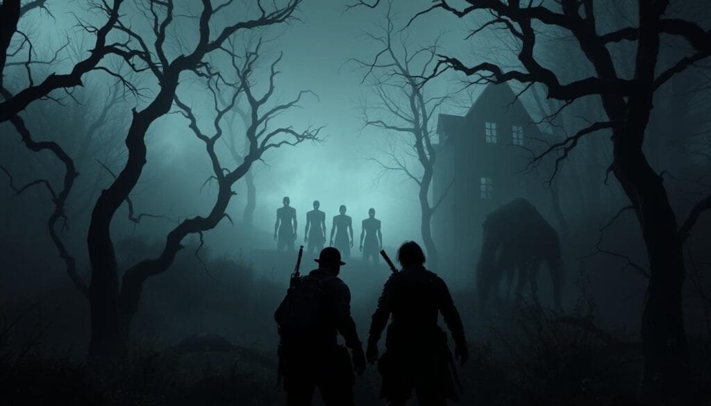 A dimly lit, eerie forest setting with twisted, gnarled trees and a fog-shrouded atmosphere. In the foreground, two players work together, their weapons drawn, as they cautiously navigate the shadowy environment. The middle ground features a group of sinister-looking, supernatural entities emerging from the mist, their forms barely visible. In the background, a haunting, dilapidated structure looms, casting an ominous presence over the scene. The lighting is dramatic, with contrasting pools of light and dark, creating a sense of tension and foreboding. The overall mood is one of suspense, horror, and the thrill of cooperative survival against a supernatural threat.