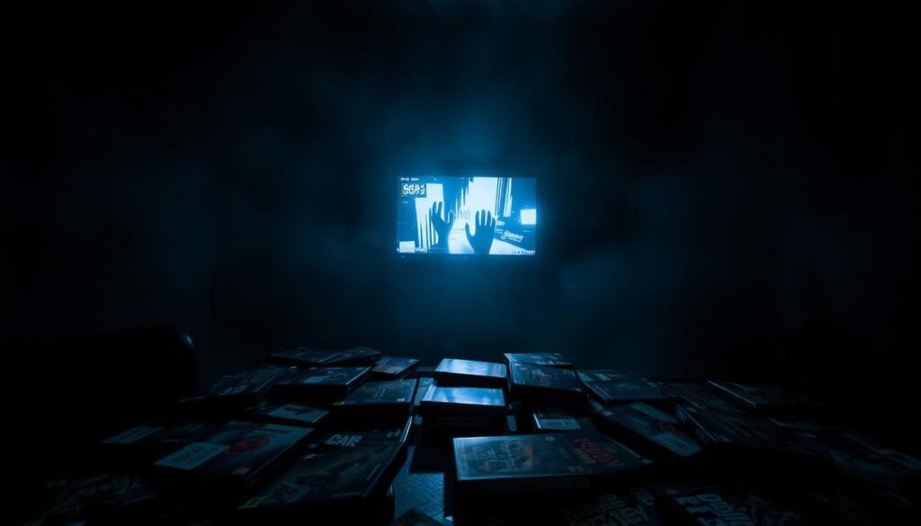 A dimly lit, eerie game room with ominous shadows casting across the walls. In the foreground, a collection of horror game cases, each with a distinct and intriguing cover art. The cases are arranged in a scattered, haphazard manner, creating a sense of unease. In the middle ground, a flickering television screen displays glitched and distorted imagery, hinting at the unsettling nature of the games. The background is shrouded in a fog-like atmosphere, with a sense of dread and anticipation permeating the scene. The lighting is a mix of moody, atmospheric tones, creating a chiaroscuro effect that heightens the sense of tension and suspense. The overall composition evokes a feeling of curiosity and a desire to explore the lesser-known, yet captivating, world of horror game experiences.