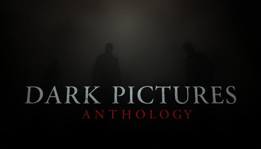 A dimly lit, foreboding scene of the Dark Pictures Anthology logo looming in the foreground, cast in ominous shadows and ethereal lighting. In the middle ground, eerie silhouettes of human figures lurk, their expressions obscured, hinting at the unsettling choices and fates that await players. The background is shrouded in a dense, atmospheric fog, creating a sense of unease and the unknown. The overall composition evokes a sense of dread and the unsettling feeling that every decision holds grave consequences in this collection of bite-sized, interactive horror experiences.