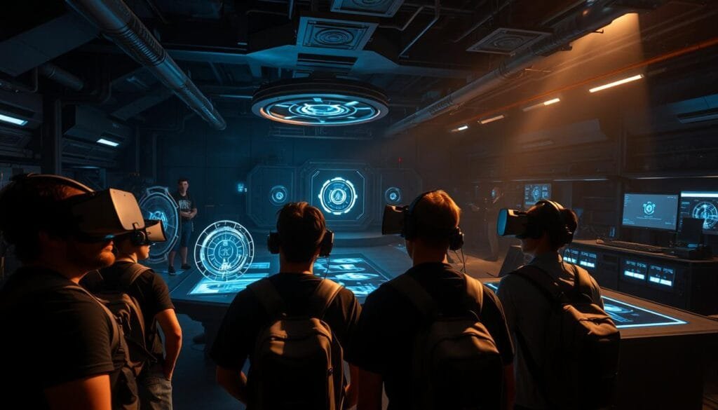 A dimly lit, futuristic interior of a Ubisoft reality escape game. In the foreground, a group of players wearing VR headsets and backpacks, immersed in the virtual experience, their expressions of concentration and excitement. In the middle ground, intricate puzzle mechanisms and interactive holographic displays, challenging the players to solve the mystery. The background features a sprawling, high-tech control room, with technicians monitoring the game's progress and adjusting the experience. Dramatic lighting casts dramatic shadows, creating a sense of tension and urgency. The overall atmosphere is one of immersive, cutting-edge technology and the thrill of an escape room adventure.
