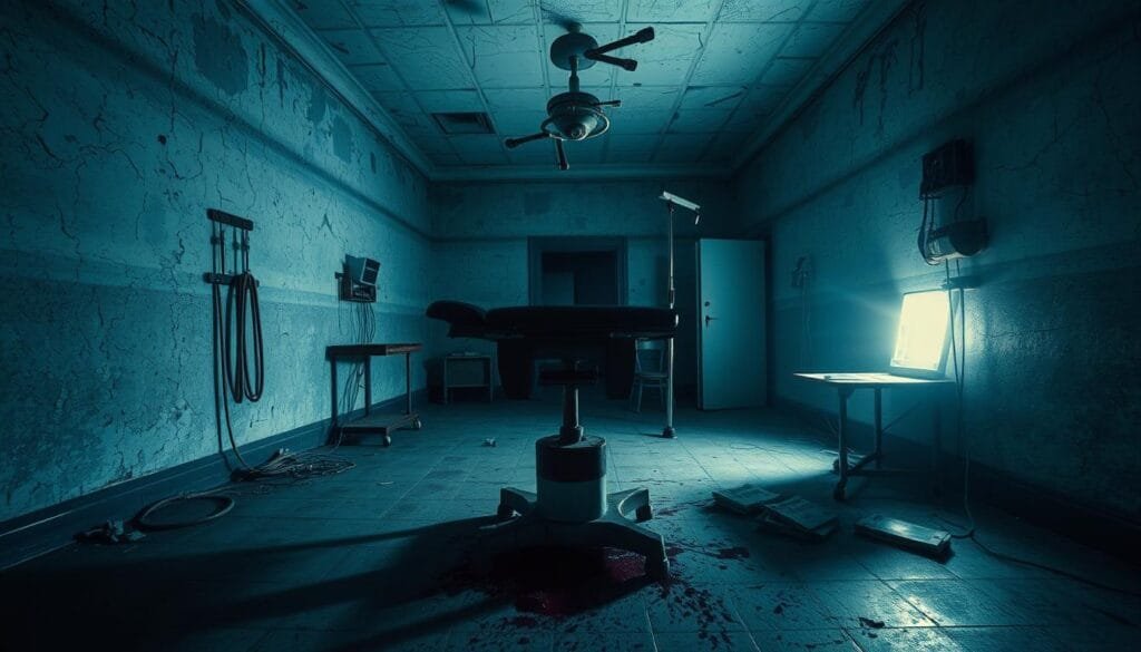 A dimly lit, ominous room in an abandoned asylum, the walls covered in peeling paint and cracked plaster. In the foreground, a rusted, blood-stained operating table stands as a grim centerpiece, casting long shadows across the floor. The middle ground is filled with decrepit medical equipment, syringes, and tattered documents, hinting at the facility's disturbing history. In the background, a flickering light source casts an eerie glow, illuminating the room's unsettling atmosphere. The scene is bathed in a cold, bluish hue, adding to the sense of dread and unease. The lighting is dramatic, with deep shadows and highlights that accentuate the room's unsettling details.