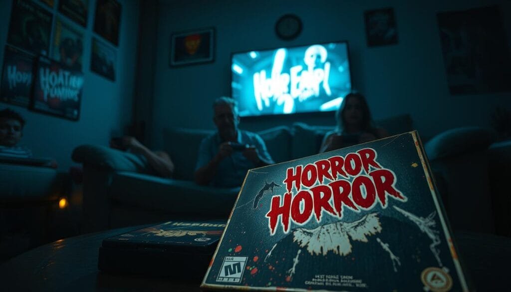 A dimly lit room, the flickering glow of a TV screen casting eerie shadows. On the couch, two friends sit, controllers in hand, their faces illuminated by the game's unsettling visuals. In the foreground, a tattered horror game box lies open, its cover art hinting at the chilling adventure to come. The walls are adorned with vintage horror movie posters, setting the mood for a thrilling co-op experience. The lighting is moody, with deep shadows and occasional flashes of neon. A sense of unease pervades the scene, as the friends brace themselves for the terrors that await them in the game.