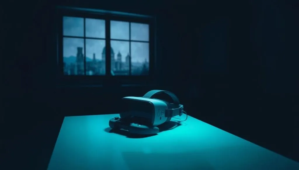A dimly lit virtual reality setup, with a headset and controllers resting on a table. The room is bathed in an eerie, bluish-green glow, casting shadows and creating a sense of mystery. In the background, a distorted, glitched-out landscape is visible through a window, hinting at the unsettling world waiting to be explored. The lighting is moody, with a touch of unease, setting the stage for a thrilling and immersive horror experience. The overall composition draws the viewer's attention to the VR equipment, inviting them to imagine themselves stepping into the virtual realm.