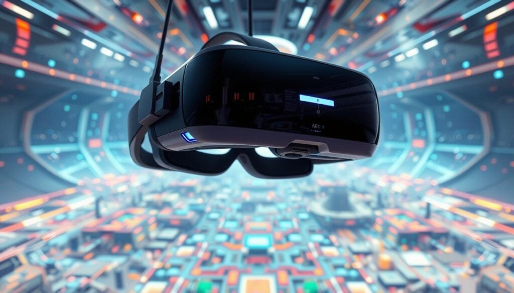 A futuristic virtual environment, with a sleek and immersive VR headset suspended in the foreground. The headset features high-resolution displays, advanced motion tracking sensors, and a ergonomic design for a comfortable user experience. In the middle ground, a complex digital landscape unfolds, filled with vibrant colors, intricate geometric shapes, and seamless transitions between virtual spaces. In the background, a vast, ethereal expanse of shimmering light and energy, hinting at the powerful technology that powers this immersive digital world. The scene conveys a sense of wonder, innovation, and the boundless possibilities of virtual reality.