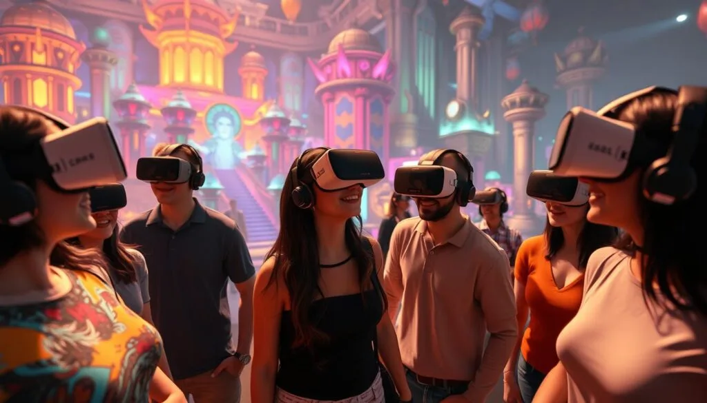 A group of people immersed in a vibrant virtual world, their avatars interacting and collaborating in a shared digital space. The foreground features dynamic, expressive character designs, their movements fluid and natural. The middle ground showcases a richly detailed virtual environment, with vibrant colors, intricate architecture, and a sense of depth and scale. In the background, a subtle glow emanates, creating a warm, inviting atmosphere. The lighting is soft and diffused, casting gentle shadows and highlights that accentuate the three-dimensional nature of the scene. The overall mood is one of camaraderie, exploration, and a sense of shared experience, capturing the essence of cooperative and social VR gaming.