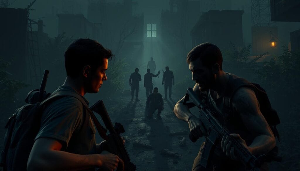 A group of players immersed in a zombie-infested virtual world, their faces alight with determination and camaraderie. In the foreground, two teammates strategize, weapons at the ready, while behind them, a third player scans the environment, ever vigilant. The middle ground is a maze of ruined buildings and overgrown foliage, casting ominous shadows and creating a sense of tension. In the distance, the silhouettes of more players can be seen, their co-operative efforts visible through the hazy, atmospheric lighting. The scene is bathed in a gritty, cinematic tone, evoking the high-stakes, pulse-pounding experience of a cooperative zombie survival game with immense replay value.