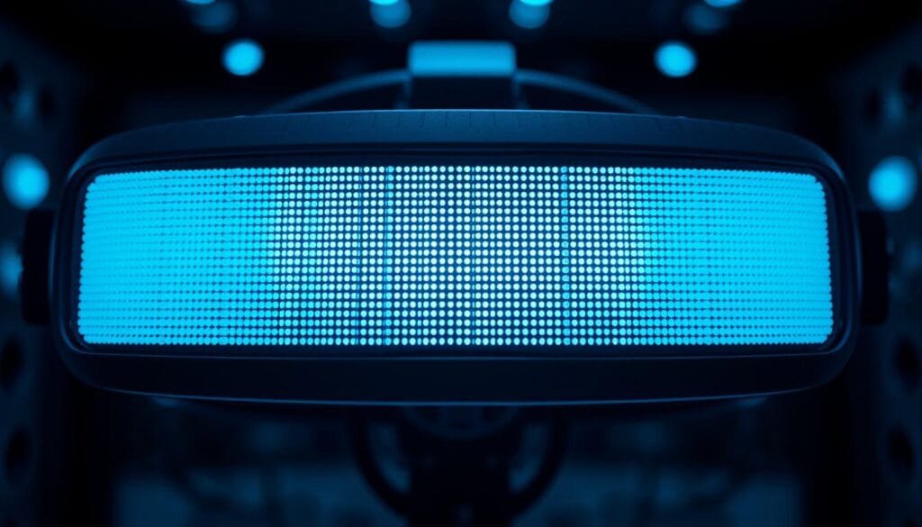 A high-resolution closeup view of a state-of-the-art VR display module, showcasing its intricate design and advanced display technology. The display is backlit with cool-toned LED lights, illuminating the pixel grid in a clean, futuristic manner. The display is encased in a sleek, minimalist housing with a smooth, glossy finish, hinting at the precision engineering behind it. The foreground is in sharp focus, while the background is gently blurred, emphasizing the display as the central subject. The overall mood is one of technological elegance and cutting-edge innovation, befitting the advanced nature of VR display systems.