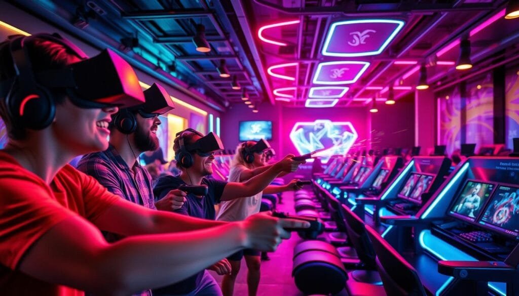 A lively multiplayer gaming scenario set in a modern virtual reality cafe. In the foreground, a group of friends immersed in an intense VR battle, their expressions animated as they dodge and weave. The middle ground features rows of gaming stations with customizable VR headsets and motion-sensing controllers, inviting visitors to dive into the action. The background showcases the cafe's sleek, futuristic interior design with neon accents, holographic displays, and a vibrant, energetic atmosphere. Dramatic lighting and cinematic camera angles capture the thrill and camaraderie of the multiplayer experience, drawing the viewer into the heart of the virtual world.