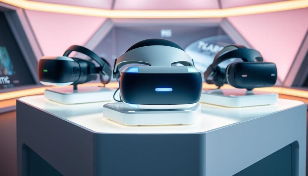 A modern and futuristic gaming setup featuring three virtual reality headsets prominently displayed on a sleek, minimalist platform. The PSVR 2 takes center stage, flanked by the Meta Quest 2 and HTC Vive, all illuminated by a soft, warm lighting that accentuates their distinct designs. The platforms are set against a backdrop of a subtly blurred, high-tech environment, evoking a sense of immersion and technological advancement. The overall composition conveys a sense of choice and the excitement of exploring the latest VR gaming experiences.