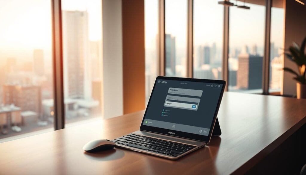A modern, minimalist office interior with a prominent desk and laptop computer, showcasing the process of booking a virtual reality experience. The desk is neatly organized, with a sleek, metallic mouse and keyboard. The background features a large window with a view of a bustling cityscape, bathed in warm, natural lighting. The atmosphere conveys a sense of efficiency, professionalism, and a touch of innovation, reflecting the forward-thinking nature of the virtual reality cafe. The camera angle is slightly elevated, providing a clean, uncluttered view of the scene.