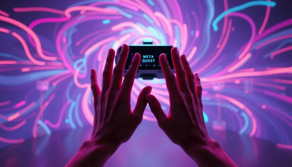 A neon-tinged, futuristic scene of a Meta Quest hand-tracking demo. In the foreground, a pair of hands dance gracefully, their movements captured by the cutting-edge sensors of the VR headset. The middle ground showcases the sleek, angular design of the Meta Quest device, its screens and circuitry glowing with an otherworldly light. In the background, a swirling vortex of vibrant, abstract shapes and patterns, hinting at the boundless creative potential of this experimental technology. The lighting is soft, diffuse, and atmospheric, creating a sense of wonder and immersion. The camera angle is close and intimate, drawing the viewer into the mesmerizing spectacle of human-machine interaction.