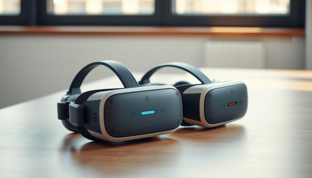 A pair of sleek, lightweight virtual reality headsets rests on a minimalist, wooden desk. The headsets feature high-resolution displays, adjustable straps, and intuitive controls, ready to immerse the user in the latest mobile VR experiences. Soft, indirect lighting from a nearby window casts a warm glow, highlighting the headsets' modern, streamlined design. The scene conveys a sense of readiness and anticipation, inviting the viewer to imagine the thrilling virtual worlds they are about to explore.