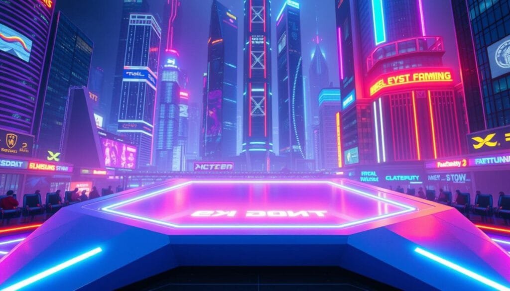A pristine, modern gaming platform set against a vibrant, futuristic cityscape. The platform is a sleek, minimalist design with smooth, metallic surfaces and sharp edges. Colorful neon lights illuminate the structure, casting an atmospheric glow across the scene. In the background, towering skyscrapers and holograms create a dynamic, technologically-advanced environment. Cinematic lighting and a low camera angle emphasize the grand, imposing scale of the platform, inviting the viewer to imagine the exciting multiplayer experiences it enables. An overall sense of accessibility, connectivity, and shared adventure permeates the image.