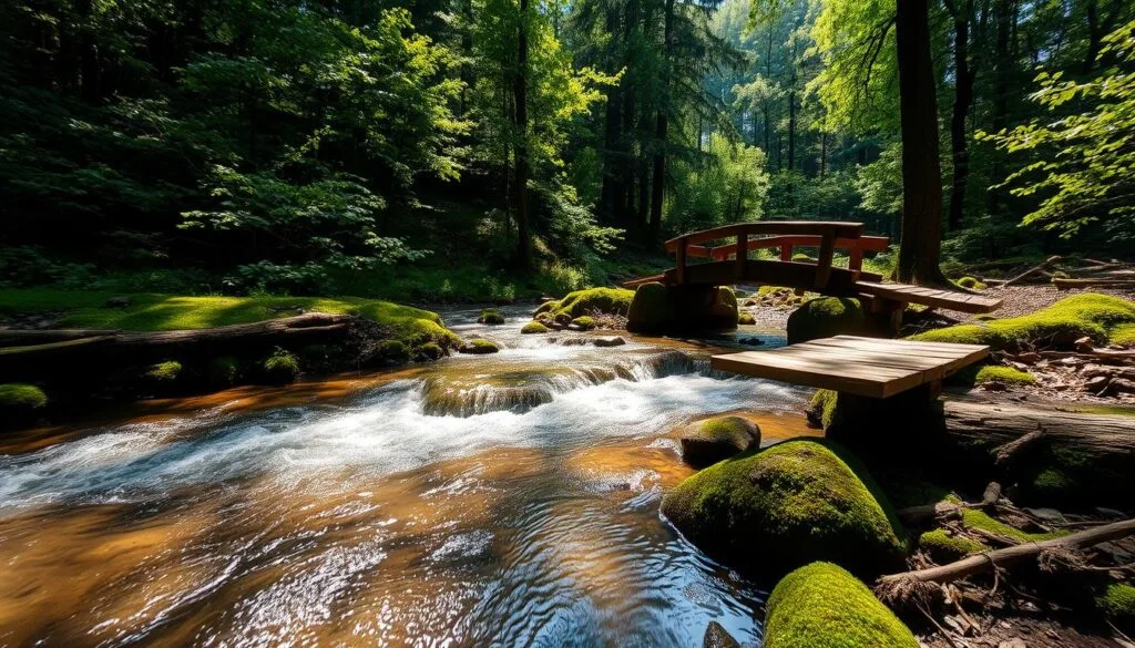 A serene, flowing stream cuts through a lush, verdant landscape. Sunlight dapples the surface, creating a shimmering, mirrored effect. Mossy rocks and weathered logs line the banks, adding natural texture and depth. In the foreground, a small wooden bridge arches gracefully over the water, inviting the viewer to cross and explore the scene further. The background features a dense, towering forest, its canopy casting soft, filtered light upon the idyllic setting. The atmosphere is one of tranquility and natural harmony, perfectly suited to showcase the power and versatility of VR streaming.