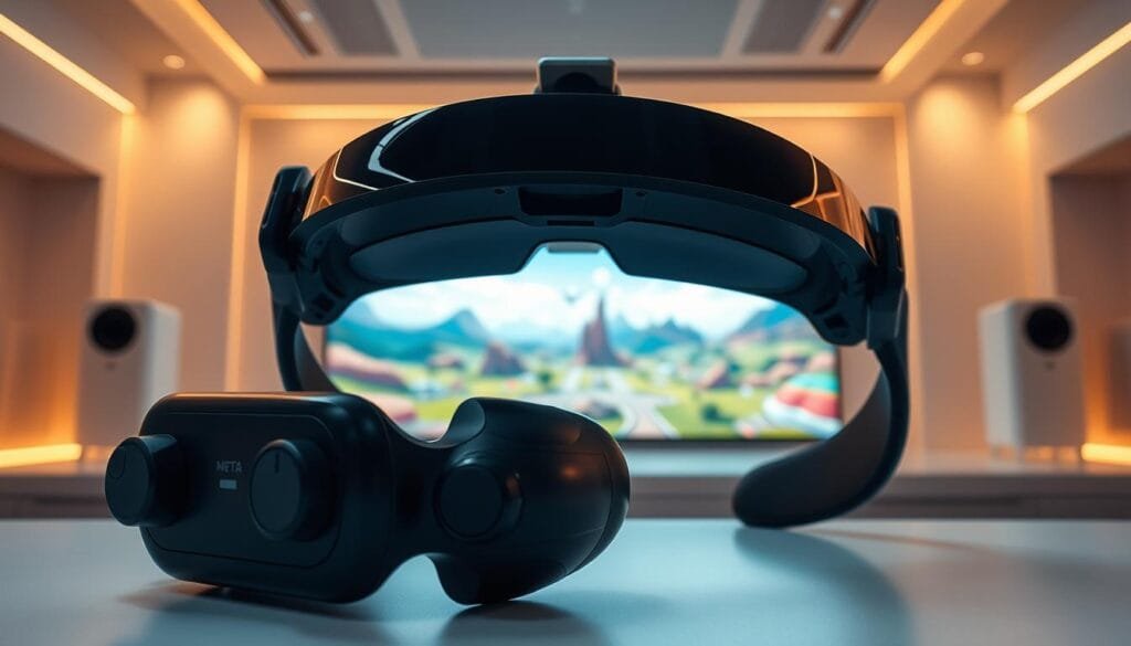 A sleek, futuristic Meta Quest headset rests prominently in the foreground, its glossy black exterior and distinctive controllers catching the eye. The midground showcases a vibrant, immersive virtual environment, with colorful landscapes, interactive elements, and a sense of depth and realism. In the background, a minimalist, technologically-advanced setting provides a clean, sophisticated backdrop, hinting at the advanced capabilities of the Meta Quest platform. Warm, directional lighting illuminates the scene, casting subtle shadows and highlights that enhance the sense of three-dimensionality. The overall mood is one of modern, high-tech sophistication, inviting the viewer to imagine the boundless possibilities of virtual reality gaming on the Meta Quest 2.