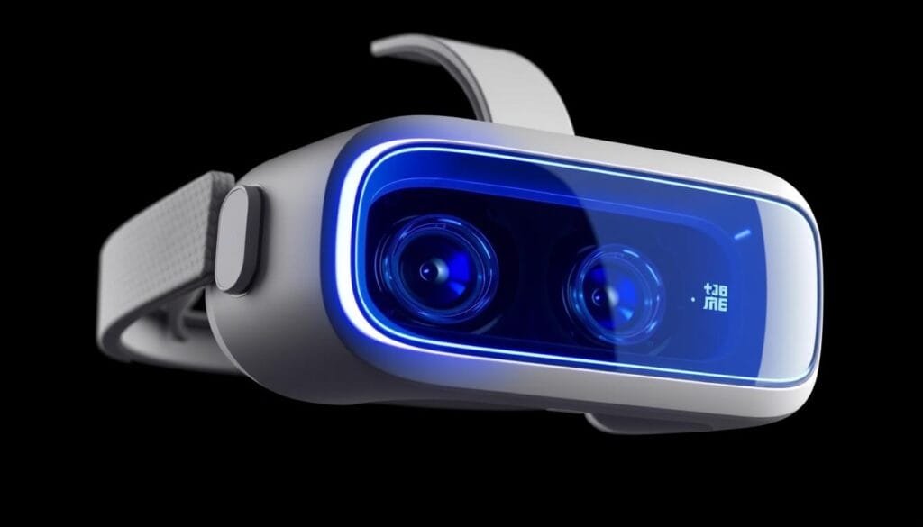 A VR headset floats in the foreground, its sleek design and high-tech lenses reflecting the vibrant, immersive virtual world it projects. In the middle ground, a serene, realistic landscape unfolds, with rolling hills, lush vegetation, and a tranquil lake. Overhead, the sky is tinged with soft, warm hues, suggesting a golden hour glow. The entire scene is bathed in a soft, diffused light, creating a sense of depth and realism. The overall atmosphere conveys a feeling of escape and wonder, inviting the viewer to step into this simulated realm and lose themselves in an educational, yet captivating experience.